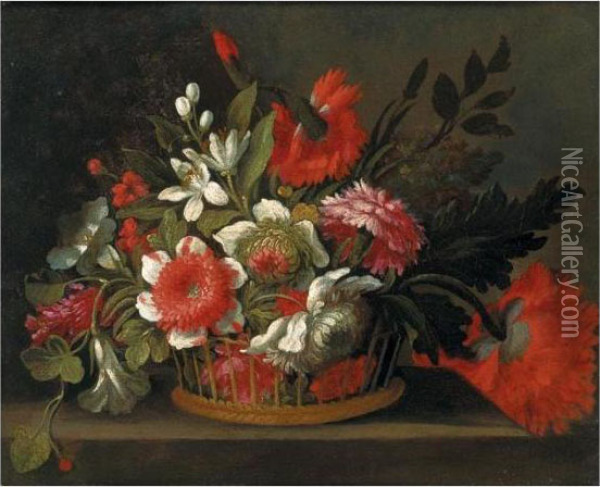 Still Life Of Flowers In A Wicker Basket Upon A Stone Ledge Oil Painting - Bartolome Perez