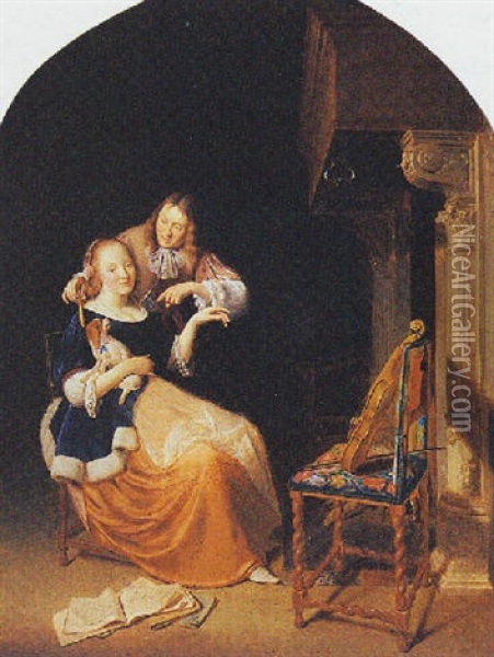 An Interior With A Seated Woman Holding A Dog And A Man Standing Next To Her Holding A Flute Oil Painting - Pieter Cornelisz van Slingeland
