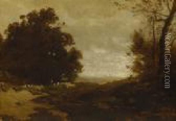 Schafer Mit Herde In Herbstlicher Baumlandschaft. Oil Painting - Ludwig Willroider