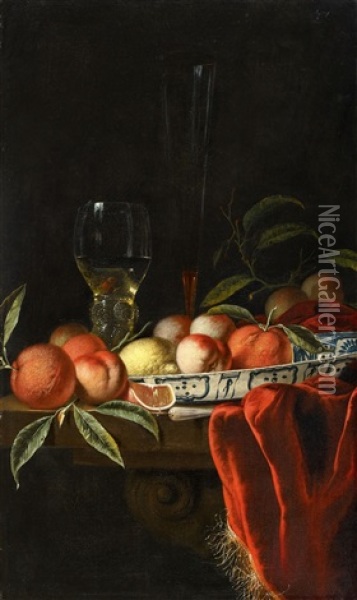 Wine Flute, And A Wanli Bowl Filled With Fruit Oil Painting - Hendrick van Streeck