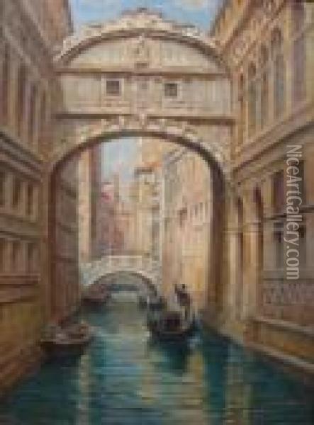 A Gondola Beneath The Bride Of Sighs , Venice Oil Painting - Arthur Trevor Haddon