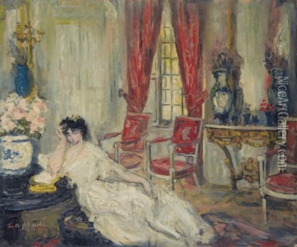 La Femme De L'artiste Accoudee Dans Son Salon Oil Painting - Pierre Laprade