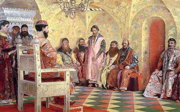 Tsar Mikhail Fyodorovich 1596-1645 with Boyars Sitting in His Room, 1893 Oil Painting - Andrei Petrovich Ryabushkin