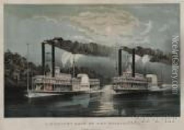 A Midnight Race On The Mississippi Oil Painting - Currier & Ives Publishers