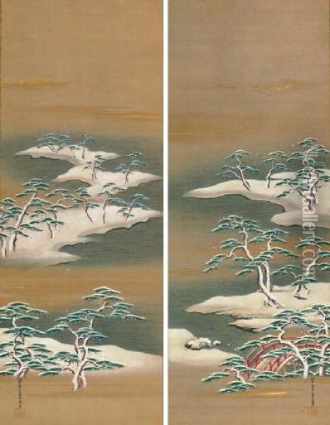 Winter Landscape With Pine Trees By The Shore Oil Painting - Sumiyoshi Keishu