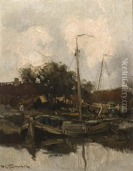 Moored Sailing Vessels Oil Painting - Willem George Frederik Jansen