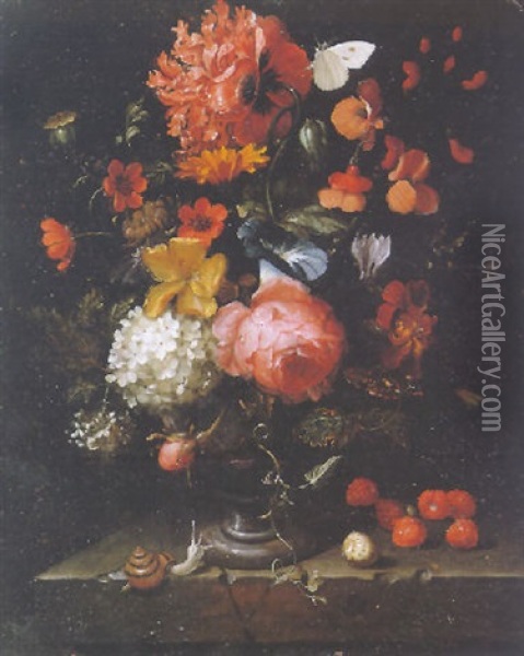 A Still Life Of Poppy, A Rose, A Crocus And Other Flowers In A Marble Vase Oil Painting - Jean-Baptiste Morel