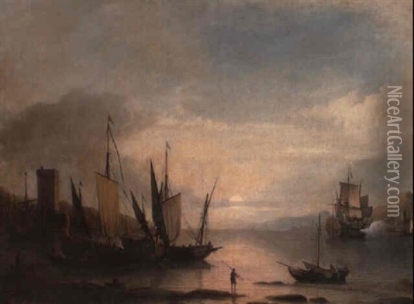 A Mediterranean Harbour At Sunset With A Man-o-war Firing A Salute Oil Painting - Aernout (Johann Arnold) Smit