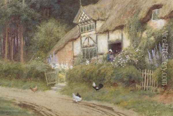 A Young Girl and Chickens by a Cottage Oil Painting - Arthur Claude Strachan