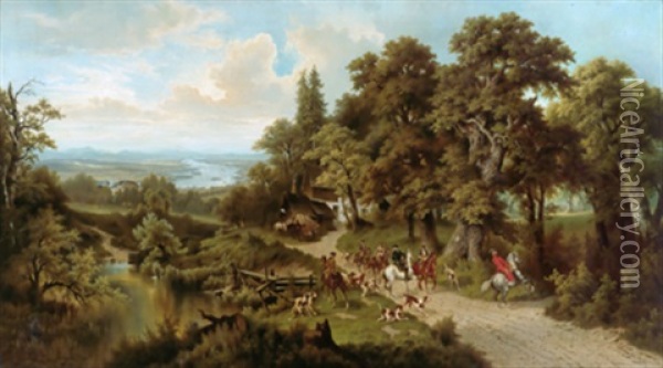 Jagdgesellschaft Vor Einer Weiten Landschaft (donaulandschaft?) Oil Painting - Josef Burgaritzky