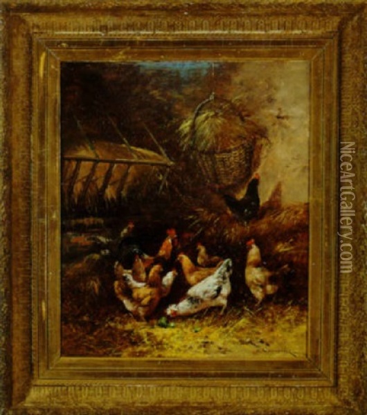 Poultry In A Henhouse Oil Painting - Edmond Van Coppenolle