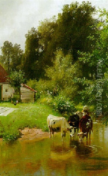 Kuhe Im Bach Oil Painting - Christian Friedrich Mali