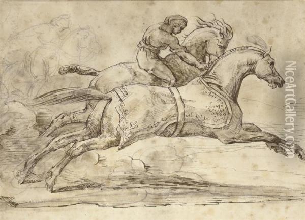 Two Horses Galloping, One With A Rider Oil Painting - Theodore Gericault