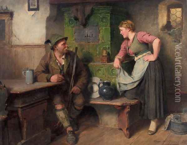 Gossiping by the Stove (Bursch und Madel am Ofen) Oil Painting - Hugo Kauffmann