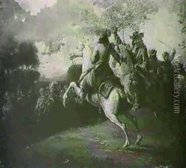 Two Mounted Soldiers Crossing Swords Before A Warring Army Oil Painting - Peeter van Bredael