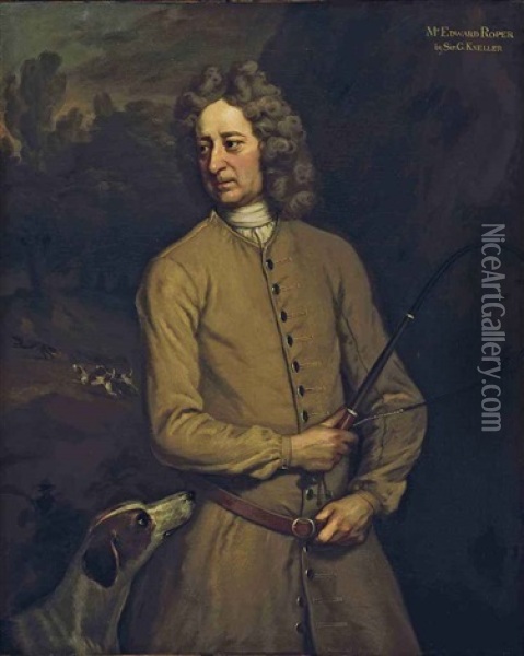 Portrait Of Edward Roper, Master Of The Charlton Hunt, In A Buff Coat, Holding A Whip, With A Hound At His Side And Hounds Pursuing A Fox Beyond Oil Painting - Michael Dahl