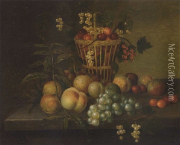 Grapes, Peaches, Cherries, Red And White Currants And Plums, On A Ledge Oil Painting - George Gray