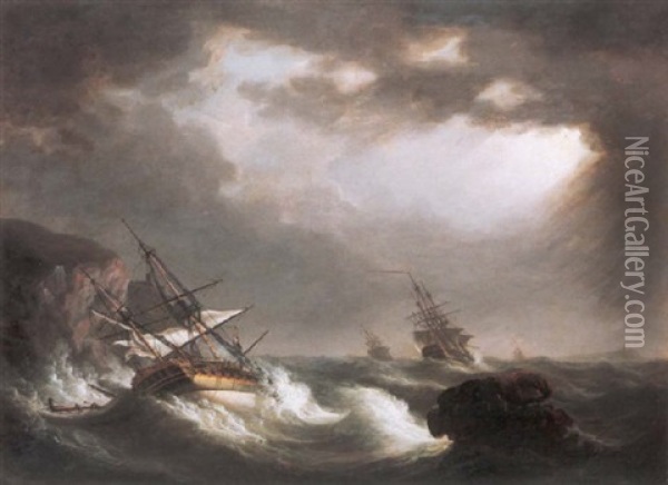 British Man-of-war In Rough Seas Off The Coast Oil Painting - Nicholas Pocock