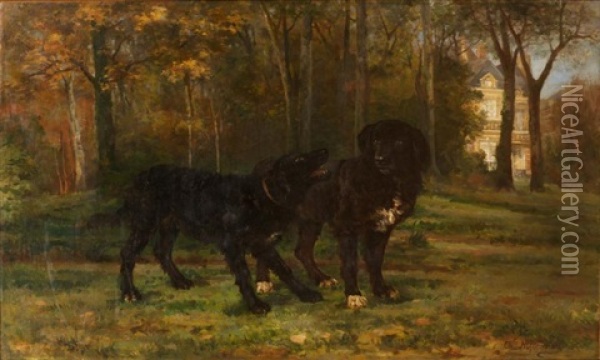 Les Deux Chiens Noirs Dans Un Parc Oil Painting - Charles Frederic Nifenecker