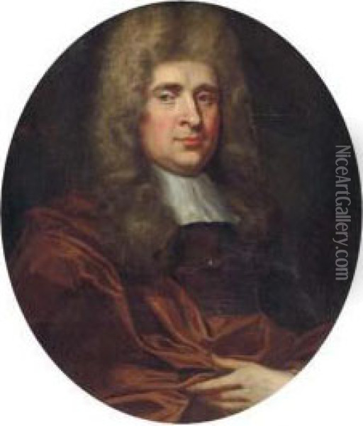 Portrait Of A Gentleman, Half-length, In A White Collar And Maroonwrap Oil Painting - Jean Baptiste van Loo