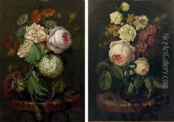 A Pink Rose, A Hydrangea, Yellow Heads And Other Flowers In A Glass Vase On A Table With A Marble Top; And Pink Roses, Primroses, Begonias And Other Flowers In A Glass Vase On A Table With A Marble Top Oil Painting - Theodore Jozef Sax