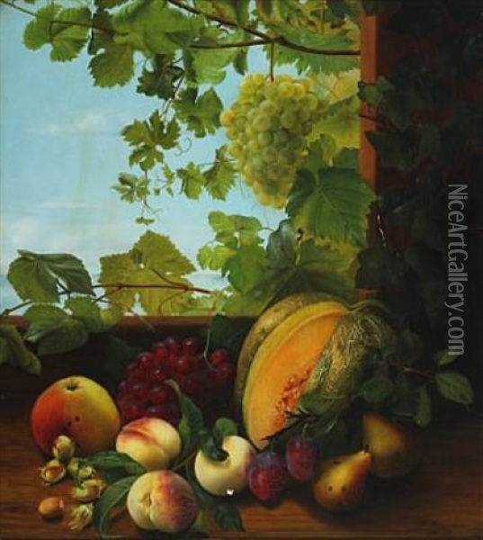 Still Life With Melon, Peaches, Plums And Grapes Oil Painting - Mathias Vilhelm Hansen