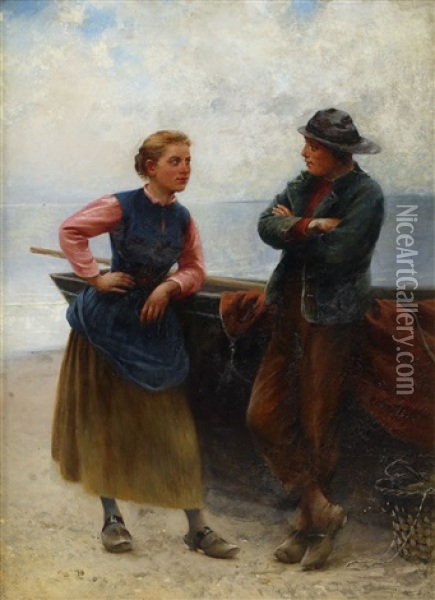 Konversation Pa Stranden, Bretagne Oil Painting - August Vilhelm Nikolaus Hagborg