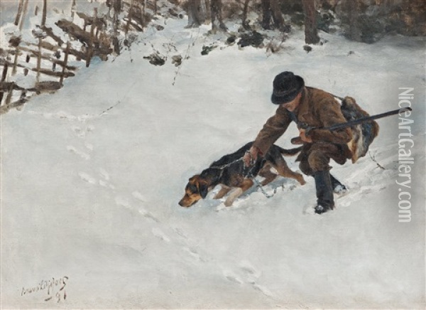 Hunter With Dog Oil Painting - Bruno Liljefors