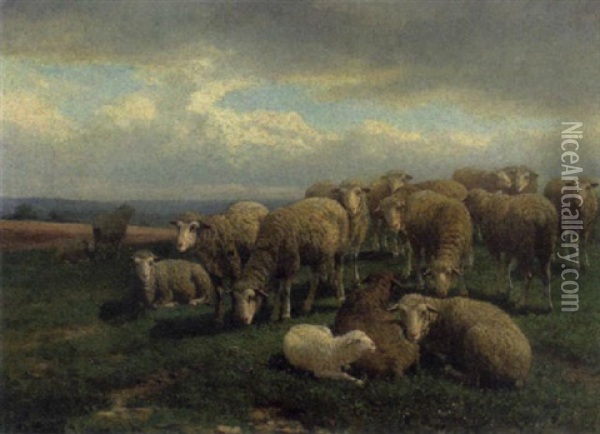 Schafe Und Lammer Auf Der Weide Oil Painting - Guillaume (Wilhelm) Wintz