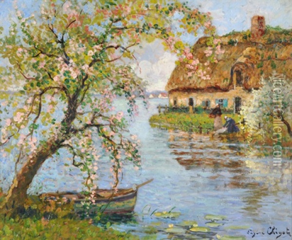 Wascherinnen Am Fluss Mit Bluhenden Baumen Oil Painting - Eugene Chigot