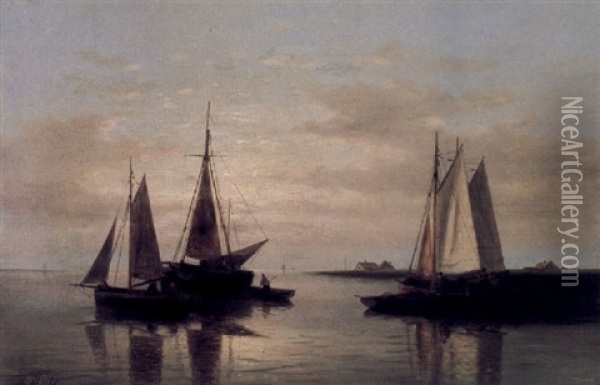 Fishing Boats On An Estuary, Early Morning Oil Painting - Abraham Hulk the Elder