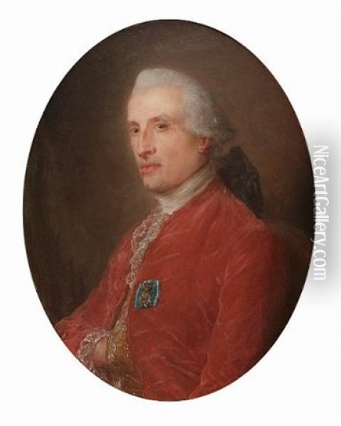 Portrait Of A Gentleman, (charles Le Normant Du Coudray?), Seated Half-length, In A Red Coat And Gold Brocade Waistcoat Oil Painting - Jean-Baptiste Perronneau