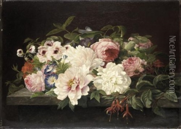 Still Life Of Flowers On A Marble Ledge Oil Painting - Theude Groenland