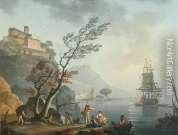 Fishermen Along A Rocky Shore With A Castle Above On A Promontory And Shipping In A Calm Sea Beyond Oil Painting - Charles Francois Lacroix