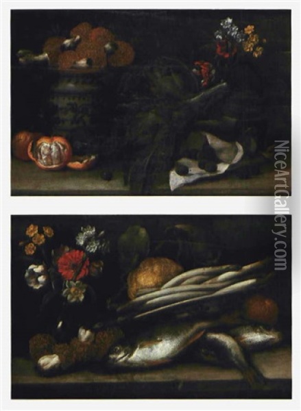 Piatto Di Funghi Con Carciofi, Agrumi E Fiori In Boccia (+ Another; 2 Works) Oil Painting - Angelo Maria Rossi