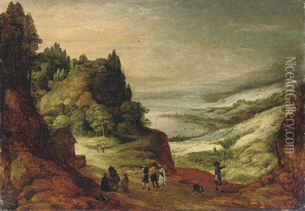 An Extensive Mountainous River Landscape With Figures Conversing On A Track Oil Painting - Joos de Momper the Elder