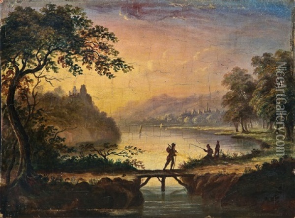 Idyllische Seelandschaft Mit Wanderer Und Angler Oil Painting - Vasili Petrovich Prichetnikov