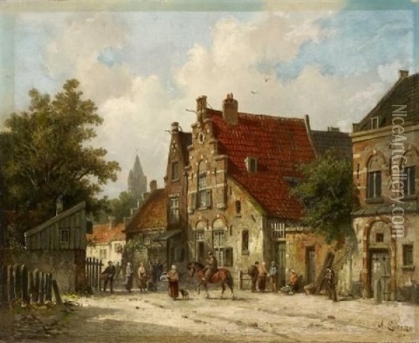 Strasenszene In Einer Hollandischen Kleinstadt Oil Painting - Adrianus Eversen
