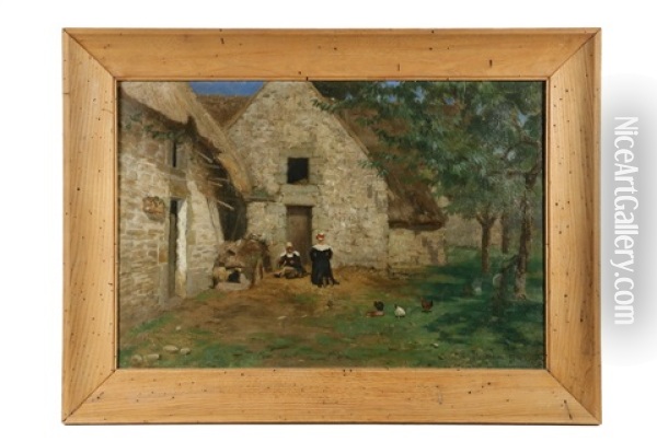 Two Women Working In A Brittany Dooryard Oil Painting - Frank C. Penfold