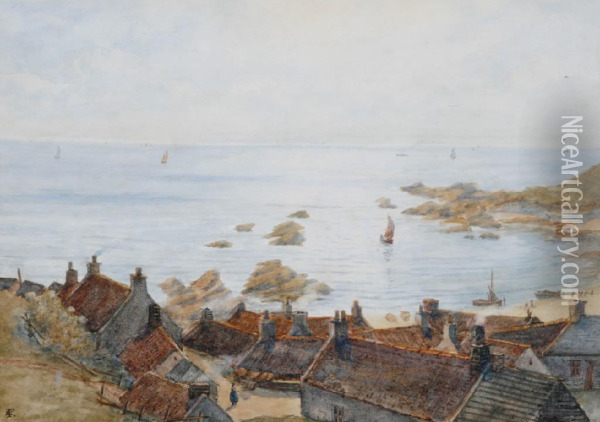 A View Across Rooftops Of A Coastal Village Oil Painting - Frank Lewis Emanuel