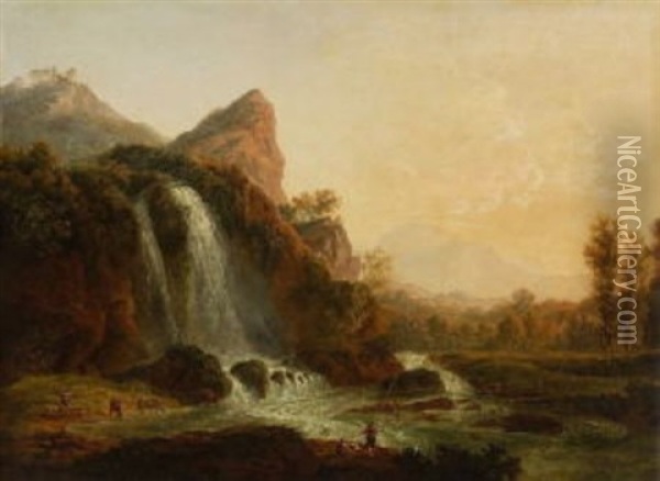 Gebirgslandschaft Mit Grosem Wasserfall Bei Abendlicht Oil Painting - Johann Christian Klengel