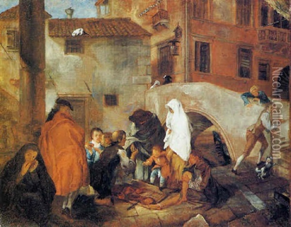 Veduta Veneziana Con Venditore Di Panini Ai Piedi Di Un Ponte Oil Painting - Pietro Longhi