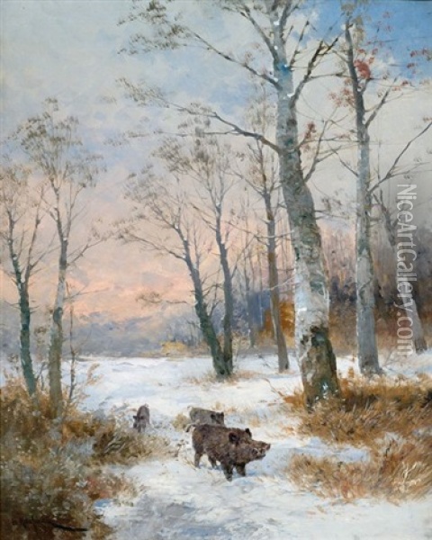 Wildschweine Im Winterwald Oil Painting - Adolf Kaufmann