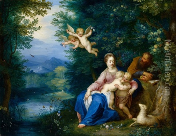 Landscape With The Holy Family Oil Painting - Karel Beschey