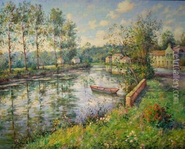 Bord De Seine A Samois Oil Painting - Jean-Francois Albanis De Beaumont