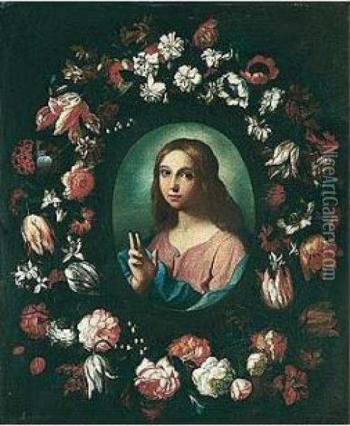 The Youthful Christ Blessing, Surrounded By A Garland Of Flowers Oil Painting - Bartolome Perez