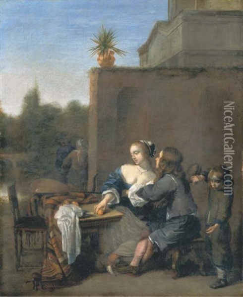 An Amorous Couple Seated At A Table In The Garden Of A Villa Oil Painting - Barend Graat