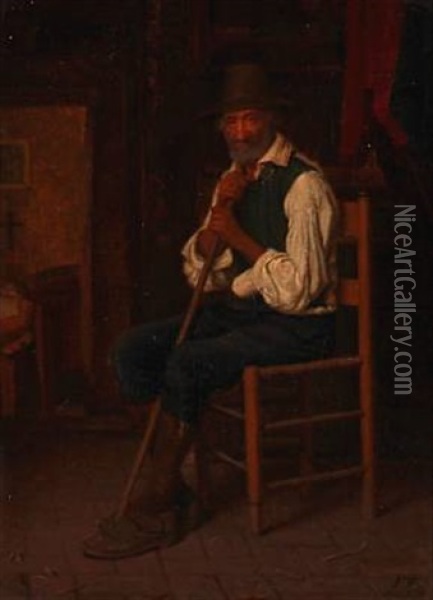 An Elderly Man With A Hat And Cane Oil Painting - Frederik (Johan Frederik Nikolai) Vermehren