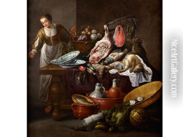 Grosses Kuchenstillleben Mit Einer Jungen Frau Oil Painting - Adriaen van Utrecht