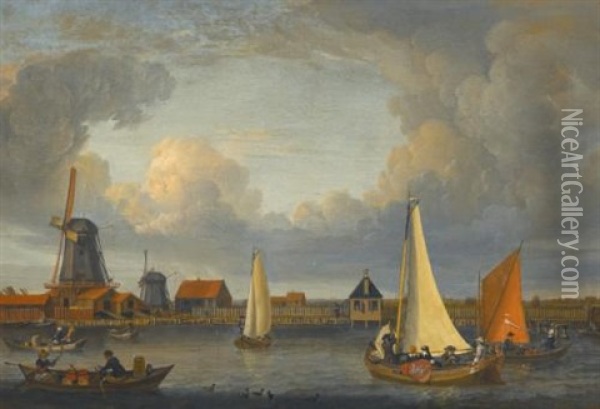 A River Landscape With Fishermen In Rowing Boats, Windmills Beyond Oil Painting - Jacobus Storck